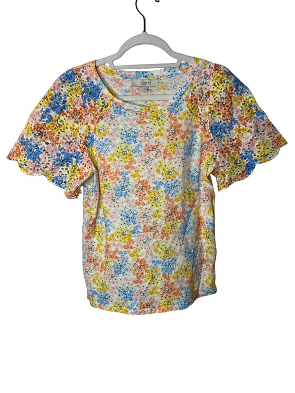 LOFT Small Floral Eyelet Flutter Sleeve Cotton Top